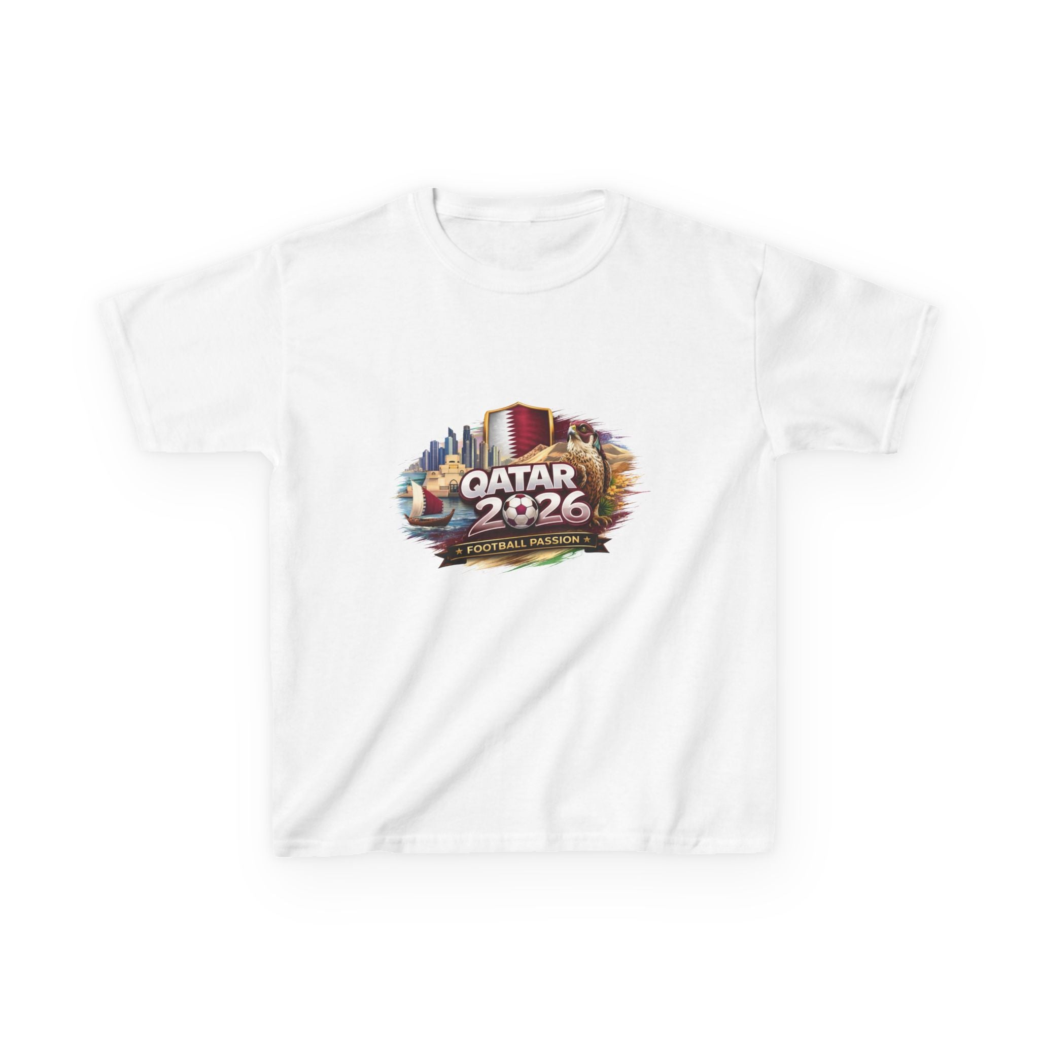 Qatar 2026 Kids T-Shirt — Cup Style Football Tee with Qatar Flags
