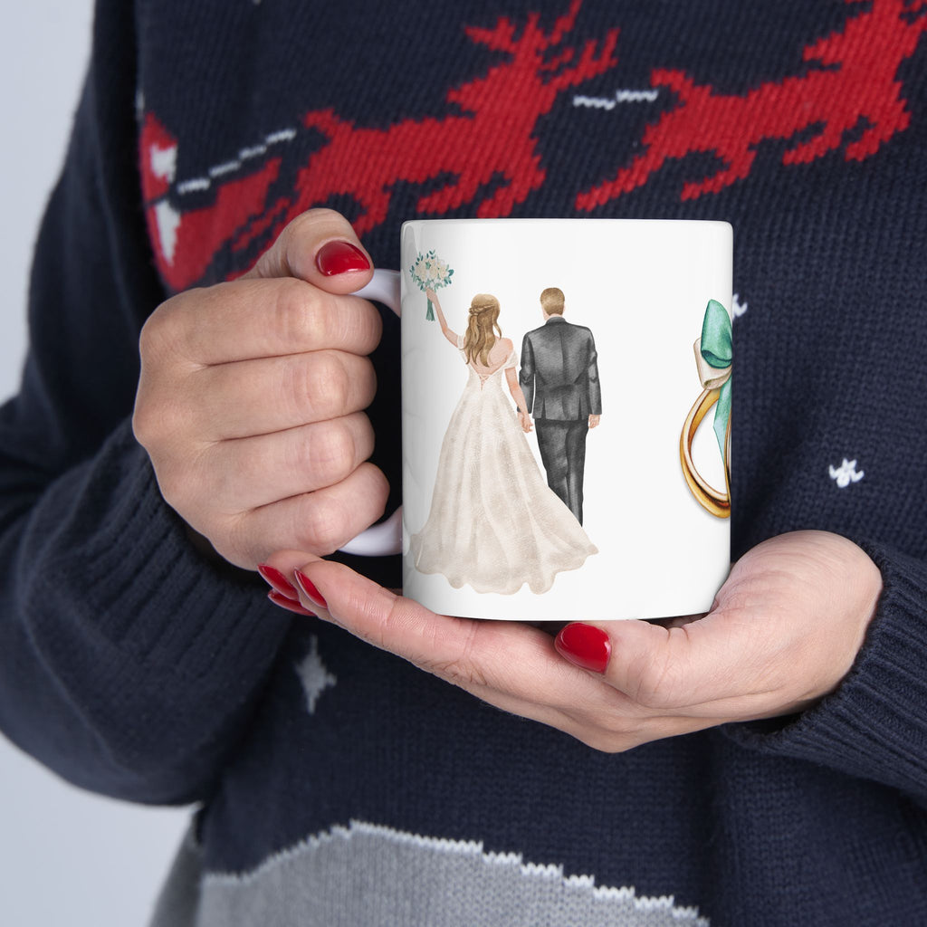 Wedding Rings & Couple Ceramic Mug — Bride and Groom Illustration (11oz/15oz)