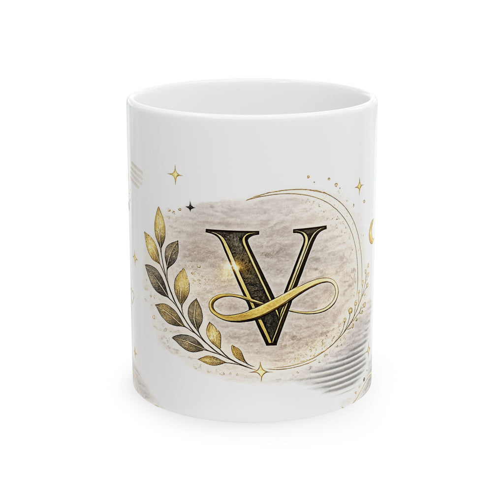 Monogram V Ceramic Mug — Elegant Gold Initial Coffee Cup