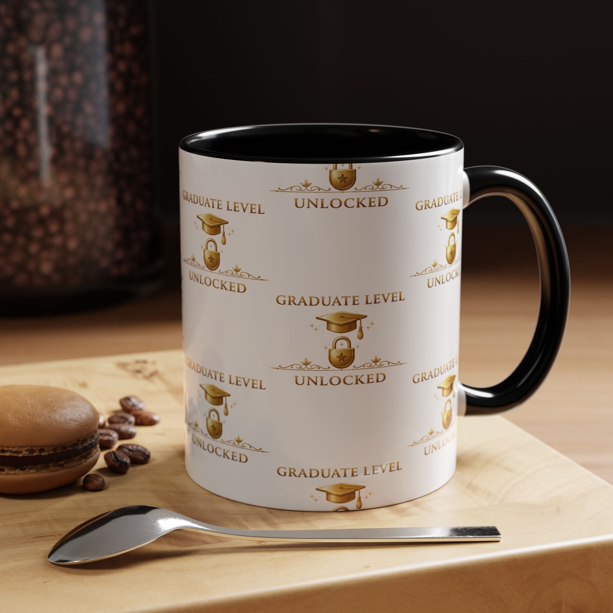 Graduation Level Unlocked Coffee Mug — Gold Cap Grad Gift (11/15oz)