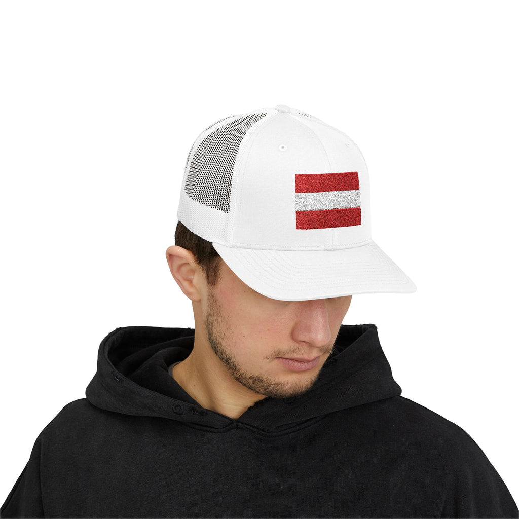Austria Trucker Hat with Red & White Flag Stripe — Sparkle Patch Snapback