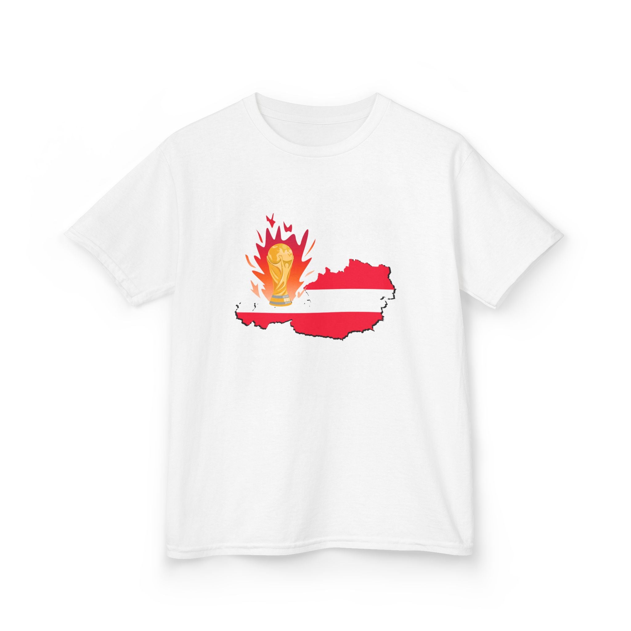 Austria Kids T-Shirt — Austria Crest & Flame Map 2026 Youth Tee