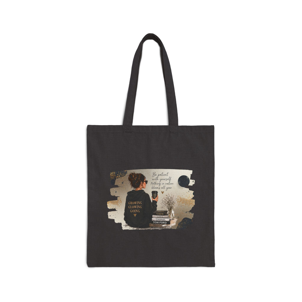 Canvas Tote Bag — 'Be Patient. Be Good to Your People' Cozy Coffee Shop Illustration