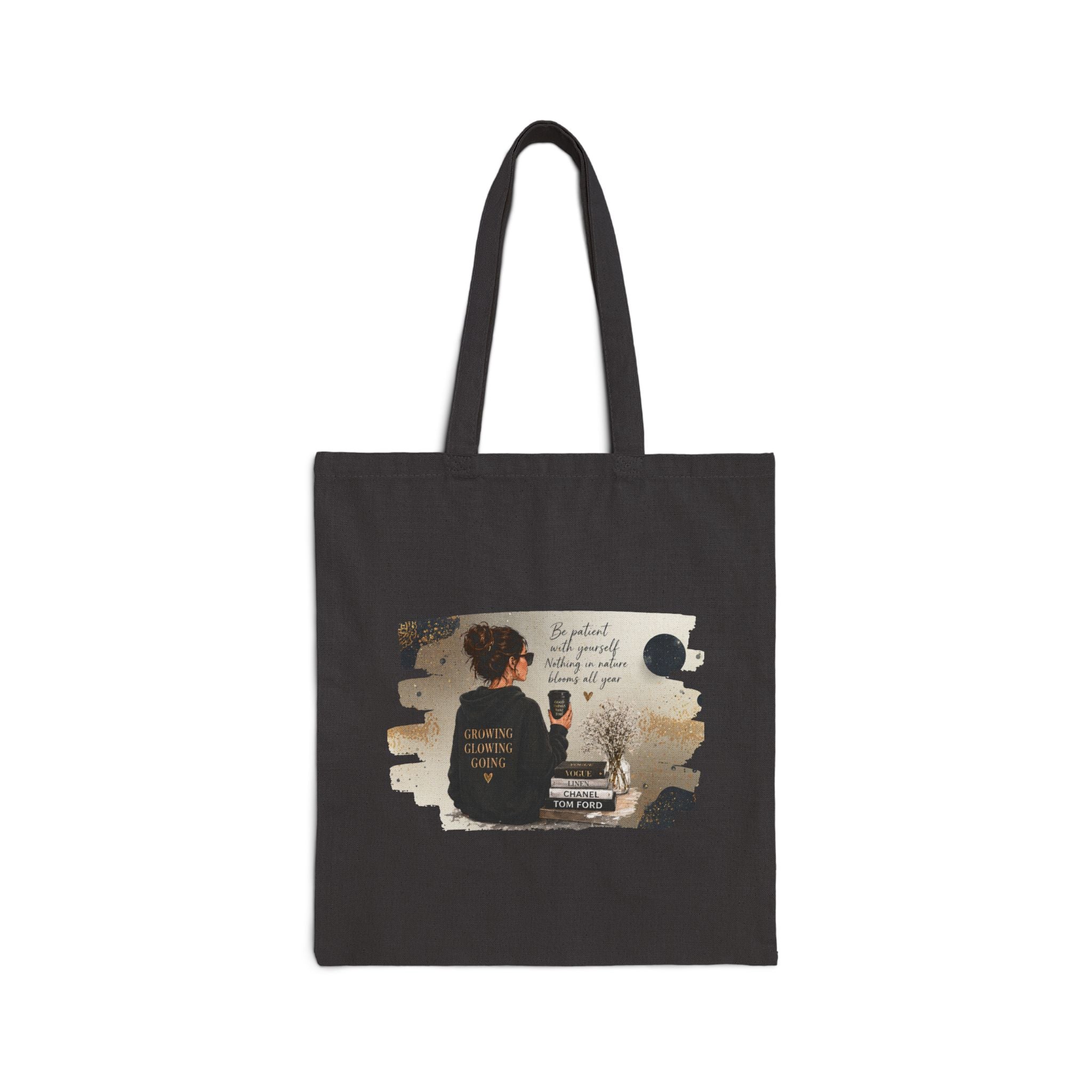 Canvas Tote Bag — 'Be Patient. Be Good to Your People' Cozy Coffee Shop Illustration