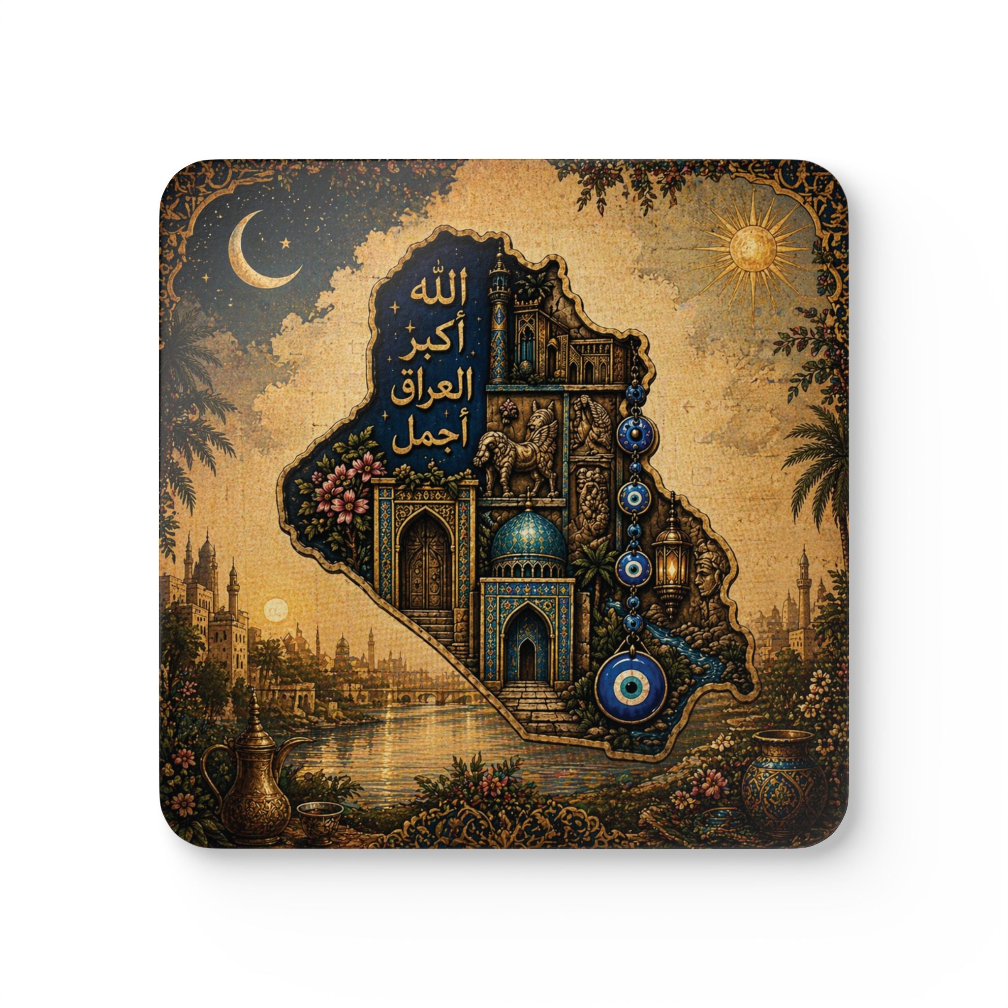 Iraq Map Corkwood Coaster Set — Vintage Islamic Calligraphy & Nazar Charm Drink Coasters