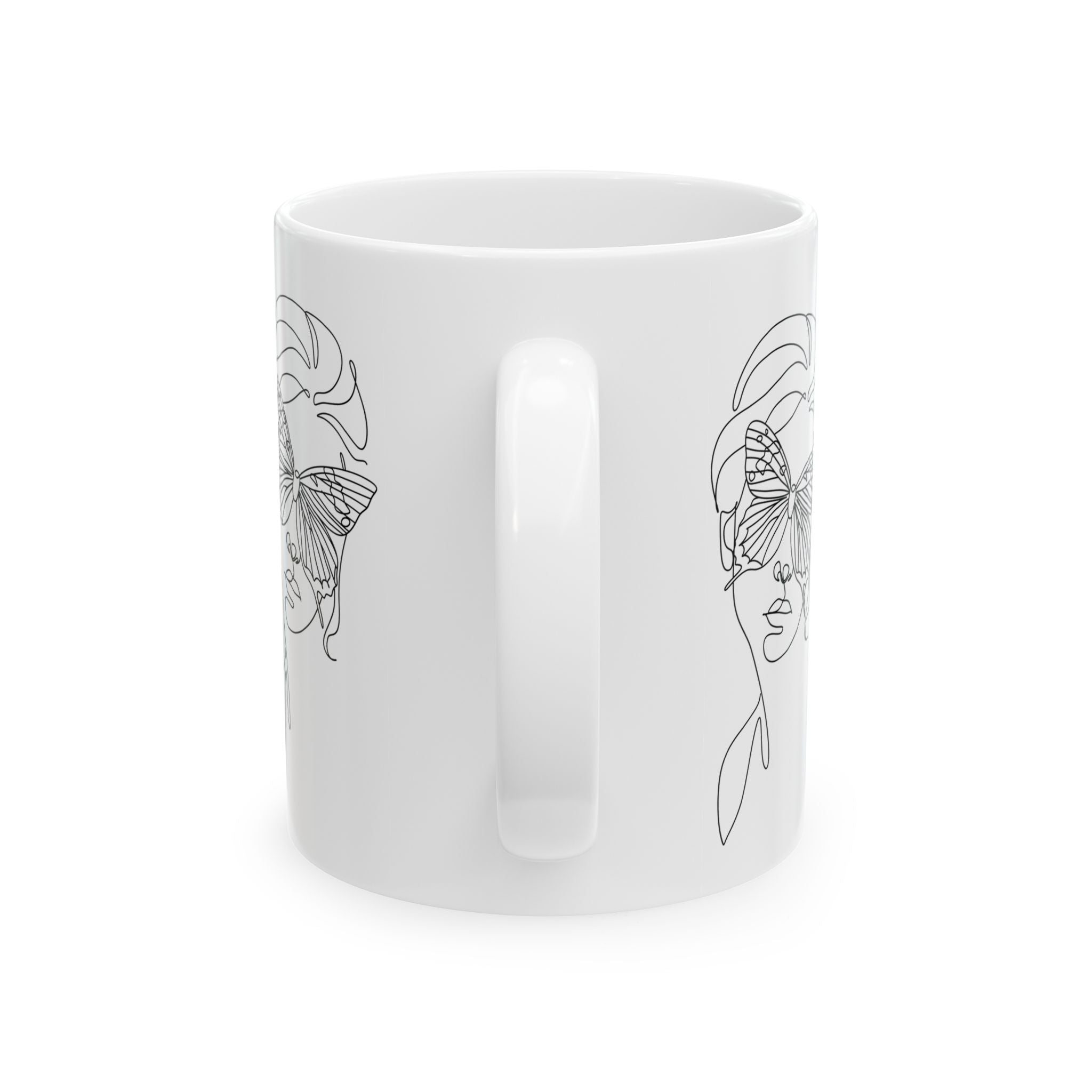 Butterfly Face Ceramic Mug (11oz/15oz) – Feminine Line Art Coffee Cup