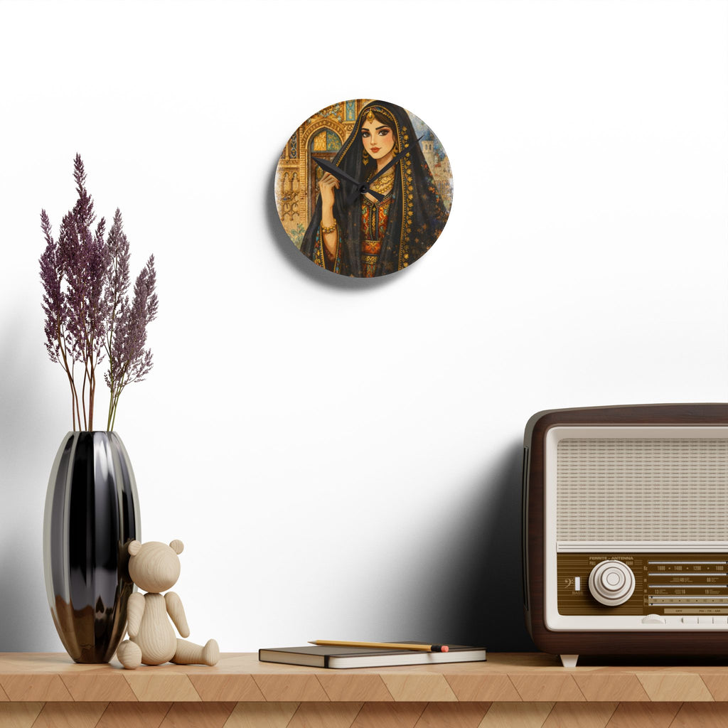 Acrylic Wall Clock - Persian Princess Illustrated Wall Clock, Vintage Middle Eastern Art Timepiece