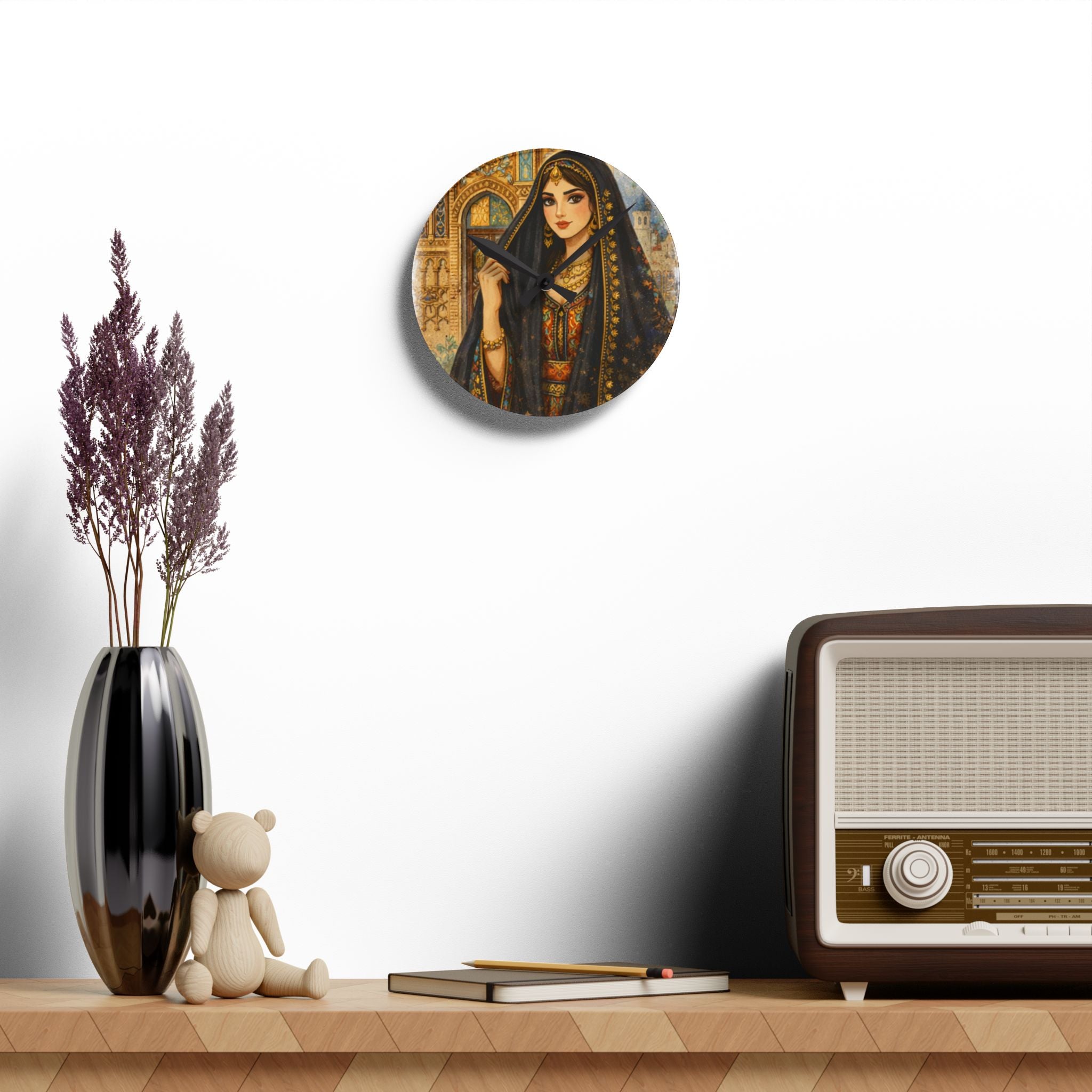 Acrylic Wall Clock - Persian Princess Illustrated Wall Clock, Vintage Middle Eastern Art Timepiece
