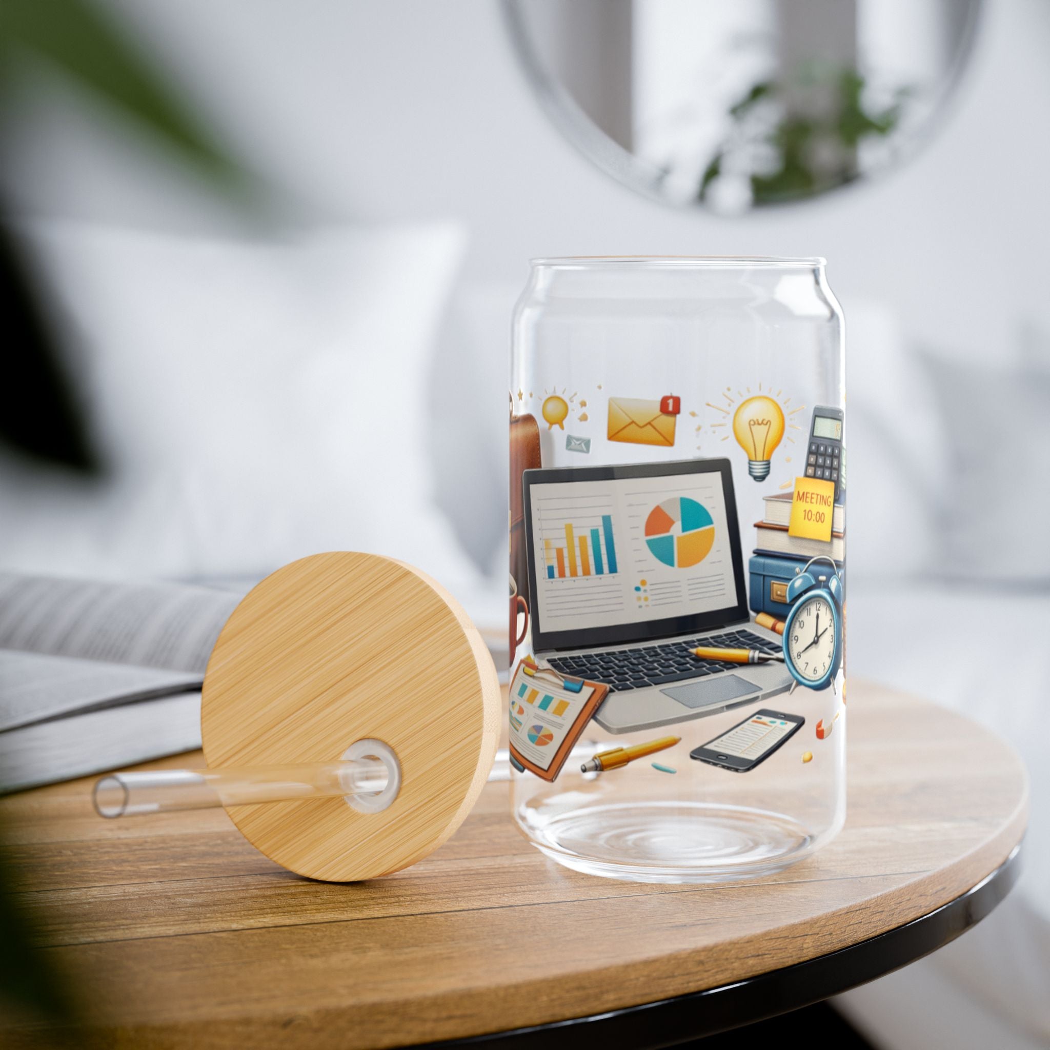 Office Hustle 16oz Sipper Glass — Work Desk Coffee & Productivity Design