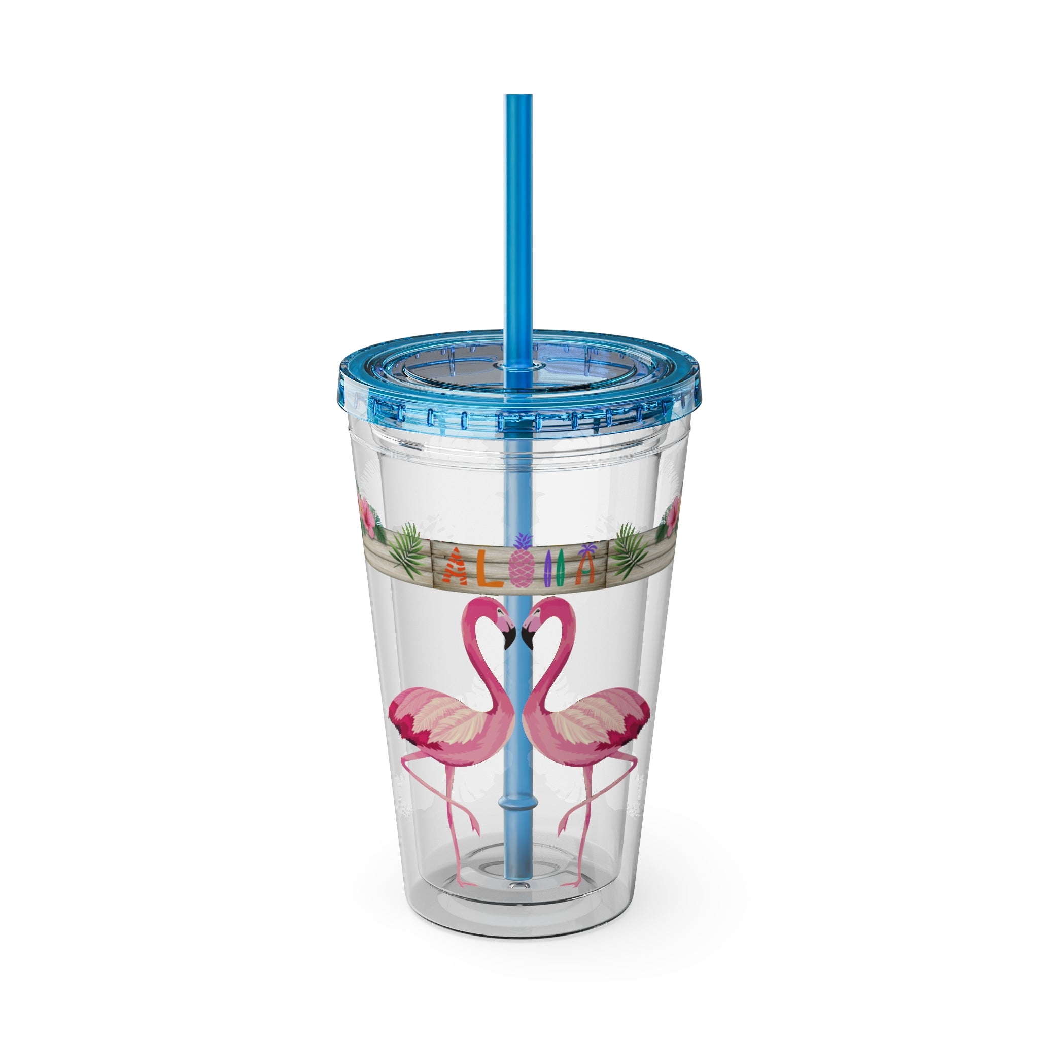 16oz Flamingo Aloha Tumbler with Straw — Tropical Sunsplash Drink Cup