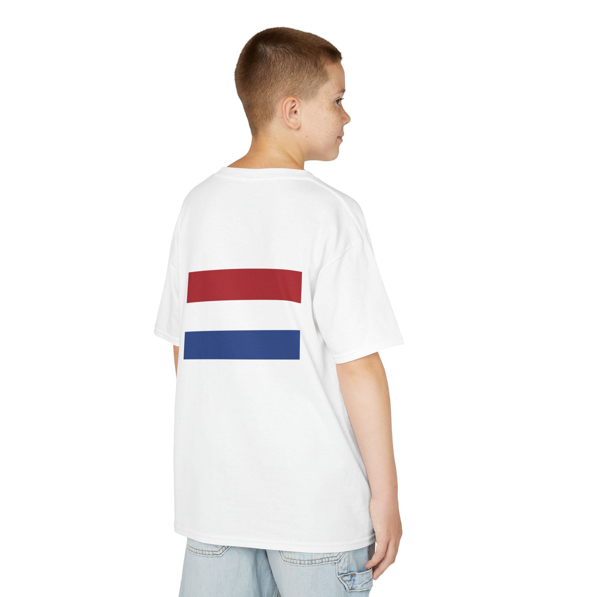 Netherlands Kids T-Shirt — Netherlands 2026 Lion Crest with Dutch Flag Back
