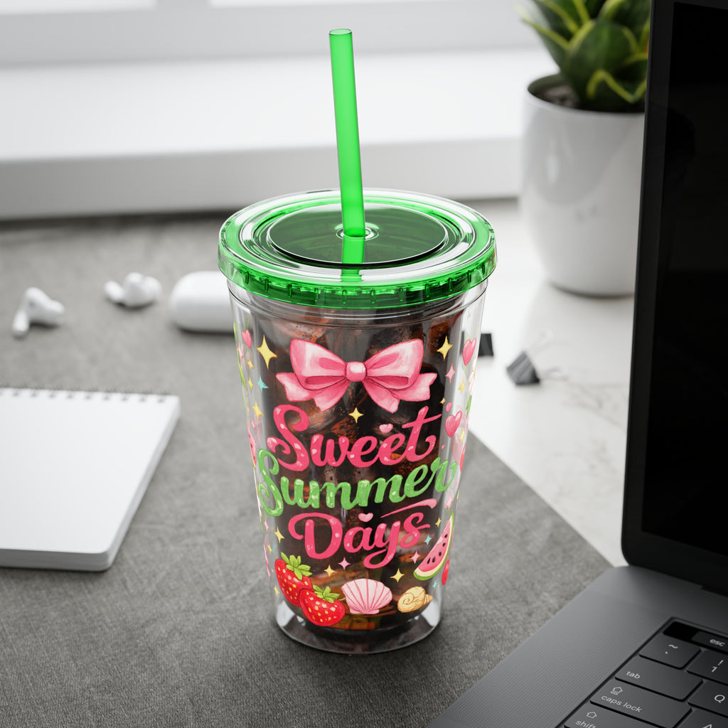 Sweet Summer Days Tumbler — 16oz Clear Straw Cup with Tropical Fruits & Bow Design