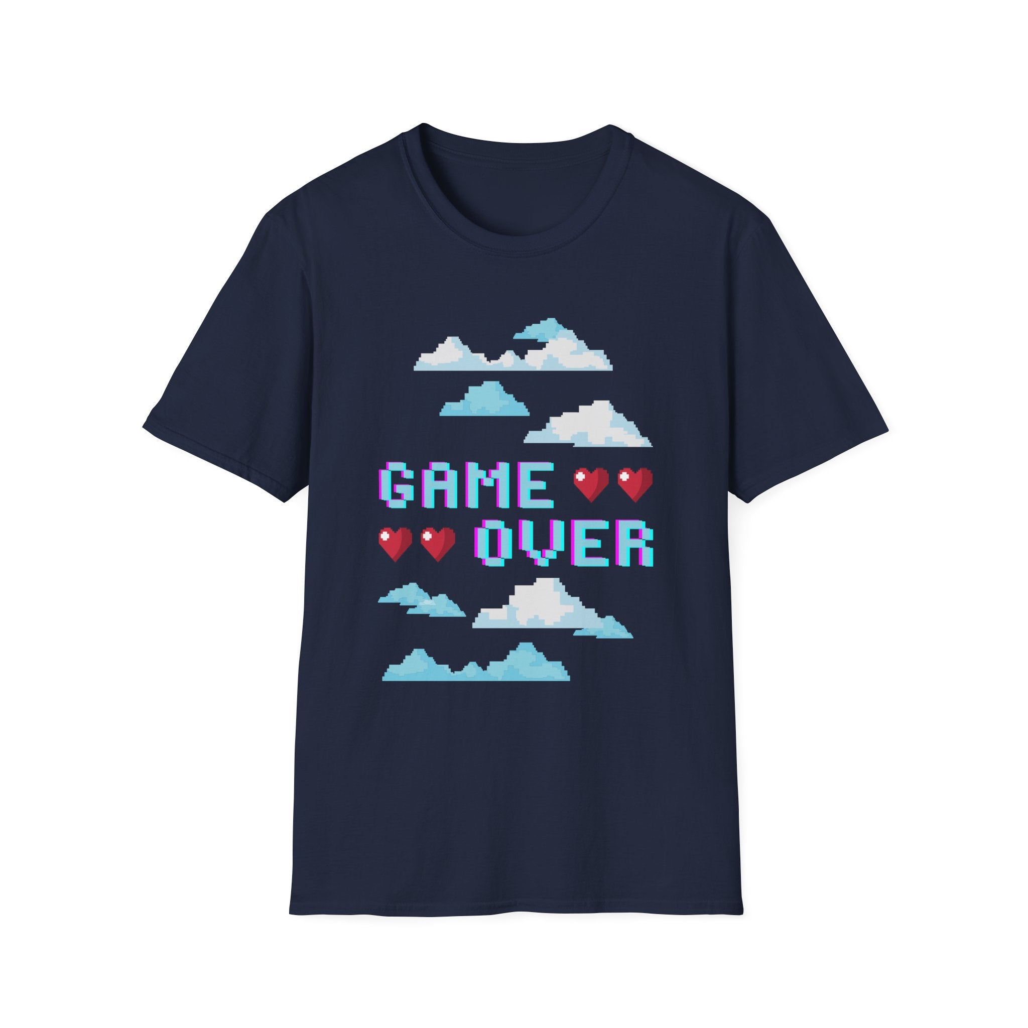 Game Over Pixel Clouds T-Shirt — Retro Gamer Tee with Hearts