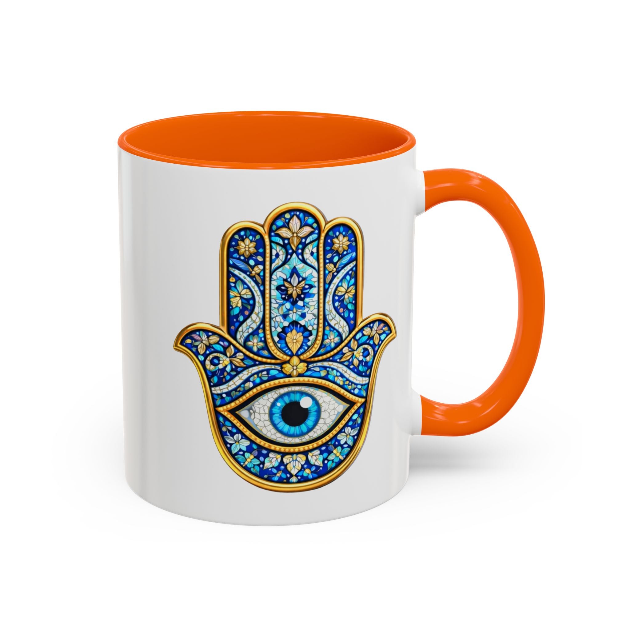Hamsa Hand Accent Coffee Mug – Blue Protective Evil Eye Ceramic Mug (11/15oz)