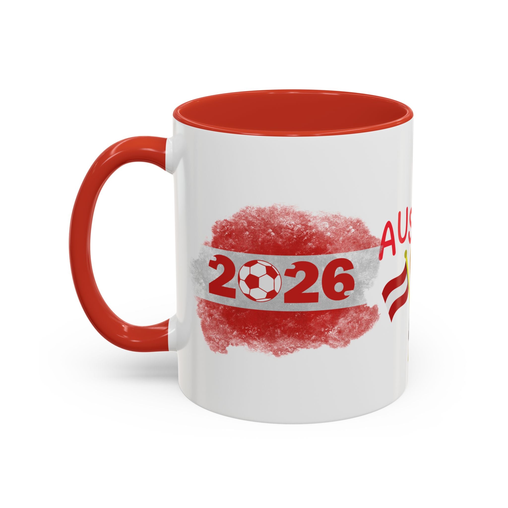 Austria 2026 Soccer Cup Accent Coffee Mug — Red Flag & Trophy Design (11/15oz)