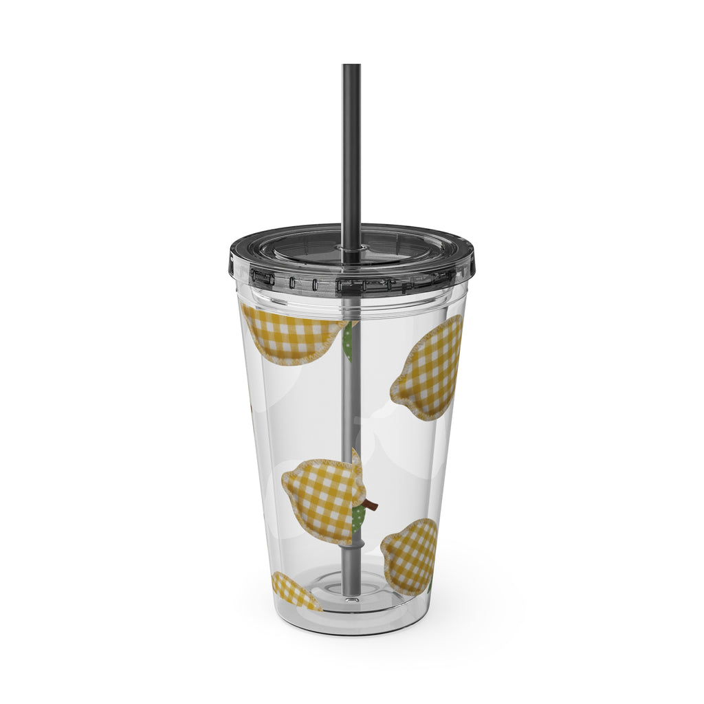 Gingham Pear Sunsplash Tumbler, 16oz Clear Travel Cup with Straw