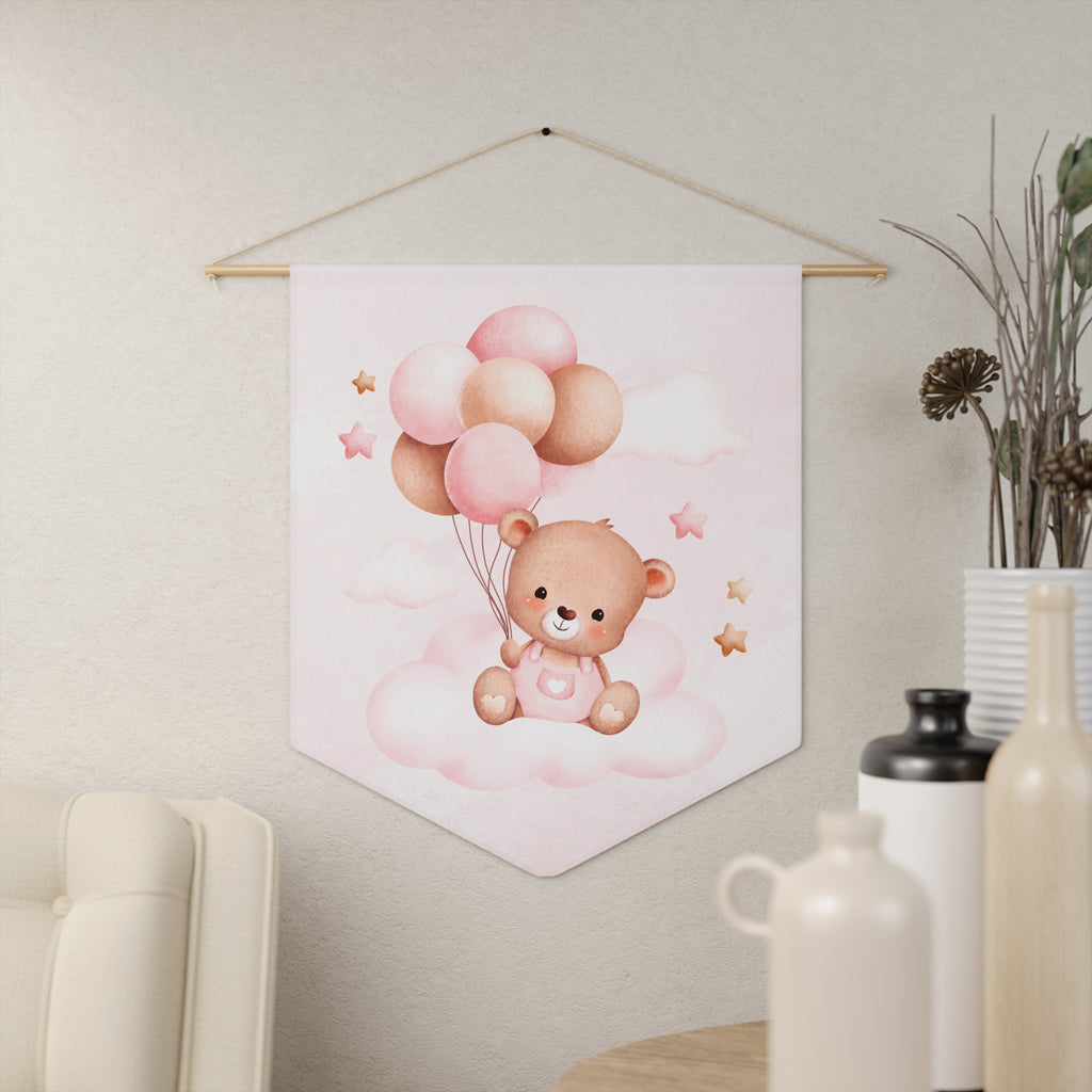 Nursery Pennant — Pink Teddy Bear with Balloons Wall Banner