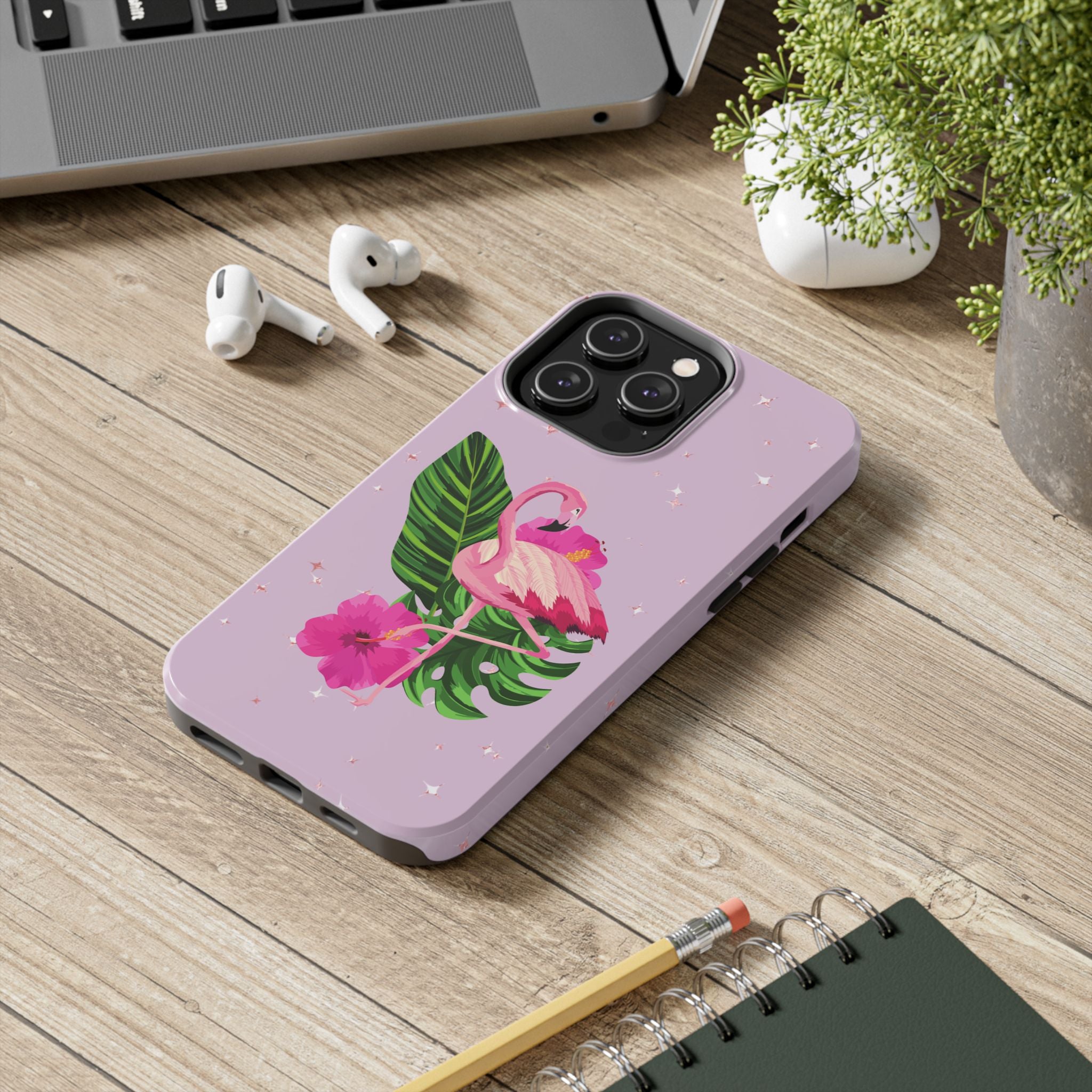 Flamingo Tropical Tough Phone Case — Pink Hibiscus & Palm Leaves