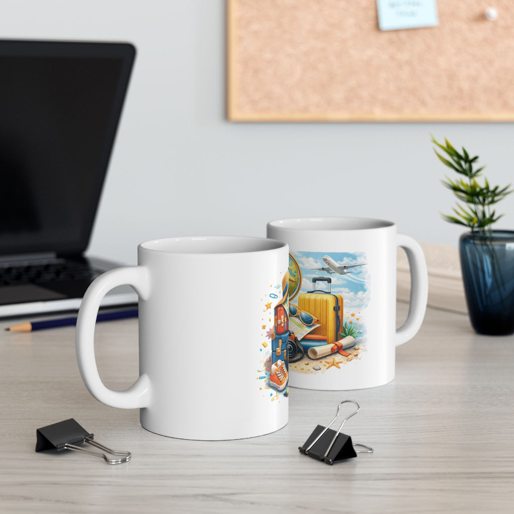 Travel Adventure Mug — Vintage Globe, Camera & Suitcase Ceramic Coffee Cup