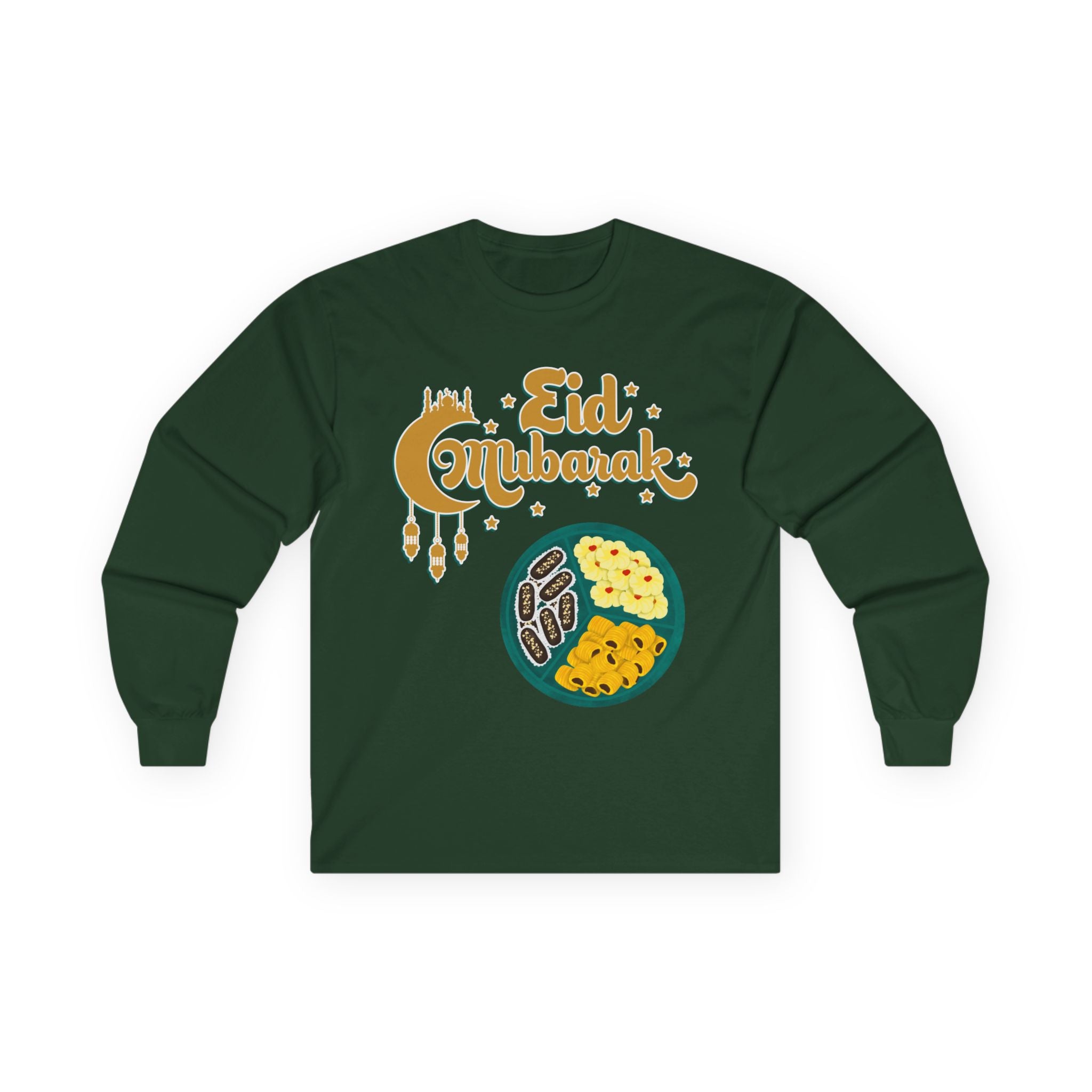 Eid Mubarak Long Sleeve Tee — Festive Ramadan Celebration Shirt with Dates & Sweets Design