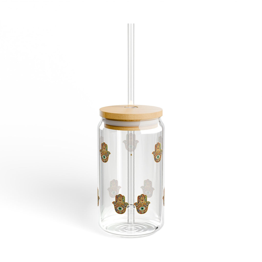Hamsa Glass Sipper Cup - 16oz Bamboo Lid & Straw, Protective Hand Pattern Drinkware