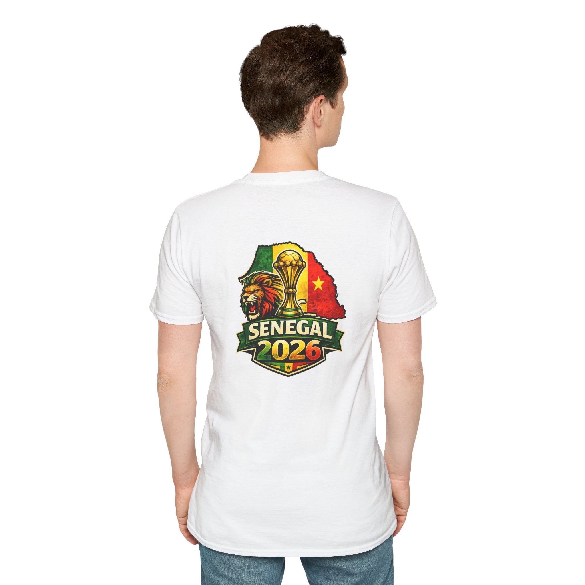 Senegal 2026 Soccer T-Shirt — Flag Front, Back Crest with Lion & Trophy