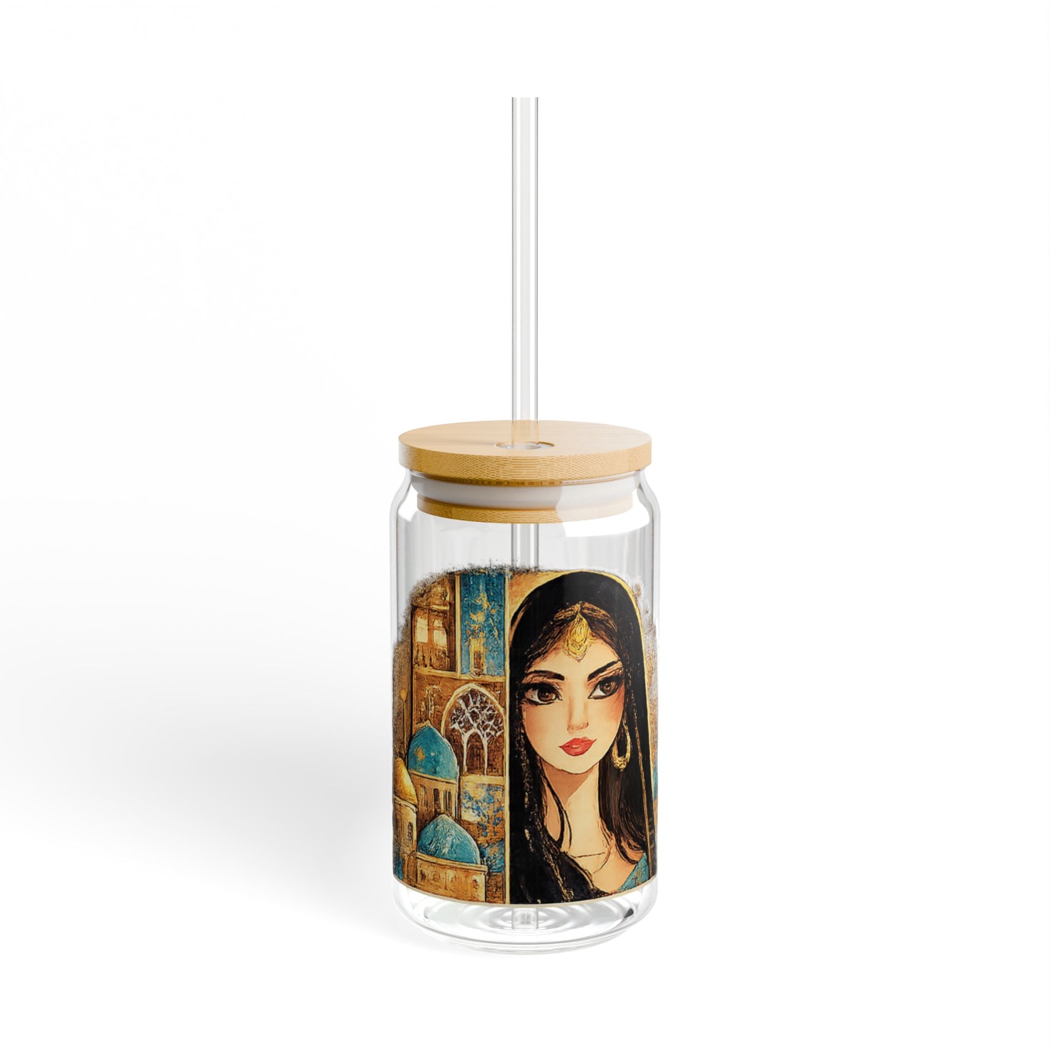 16oz Sipper Glass — Middle Eastern Cityscape & Portrait Travel Tumbler