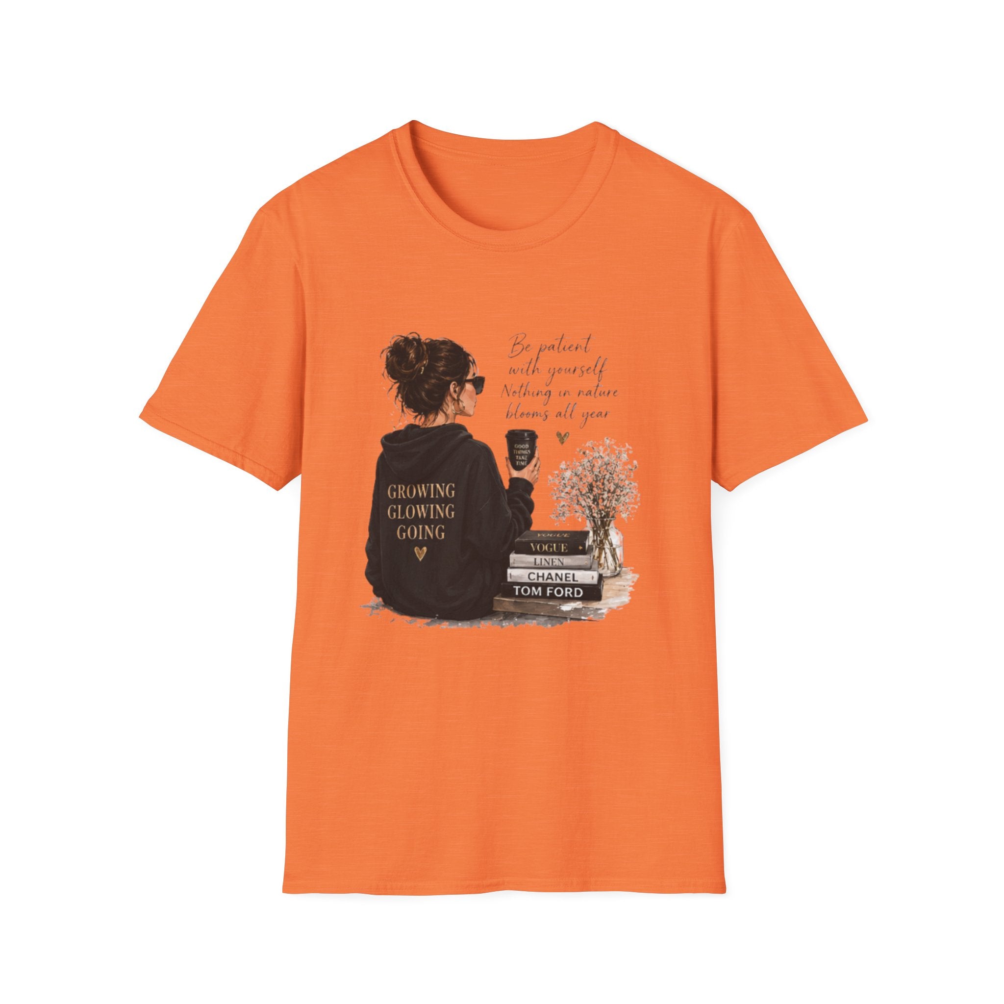 Cozy Reading Girl T-Shirt — "Growing, Glowing, Going" Literary Graphic Tee
