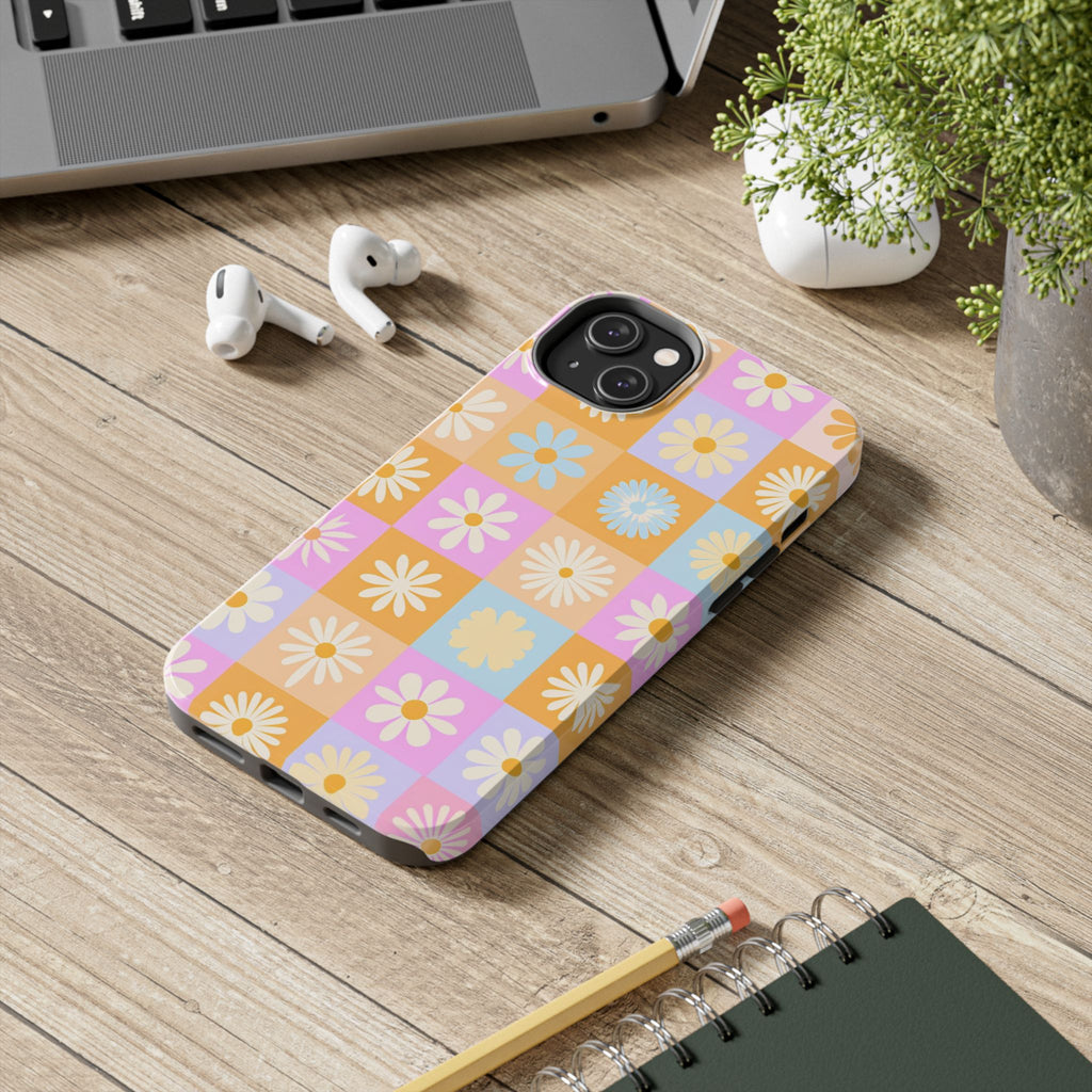 Daisy Check Tough Phone Case – Retro Pastel Floral iPhone Cover