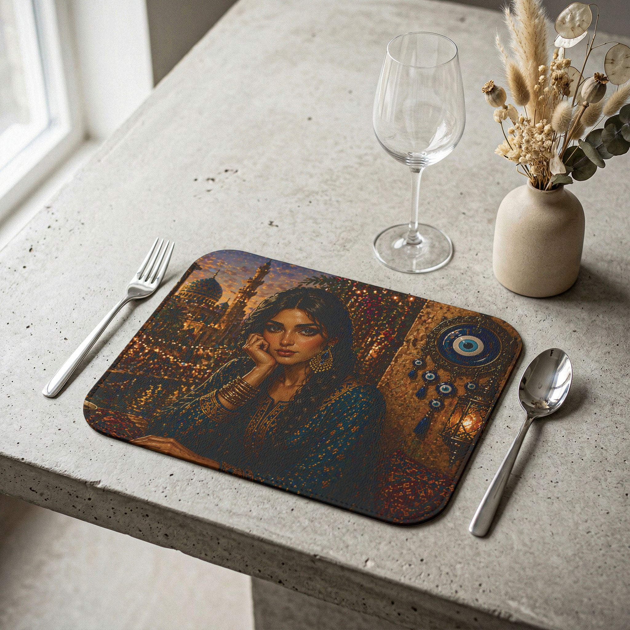 Leather Placemat — Middle Eastern Portrait Design with Evil Eye Accent