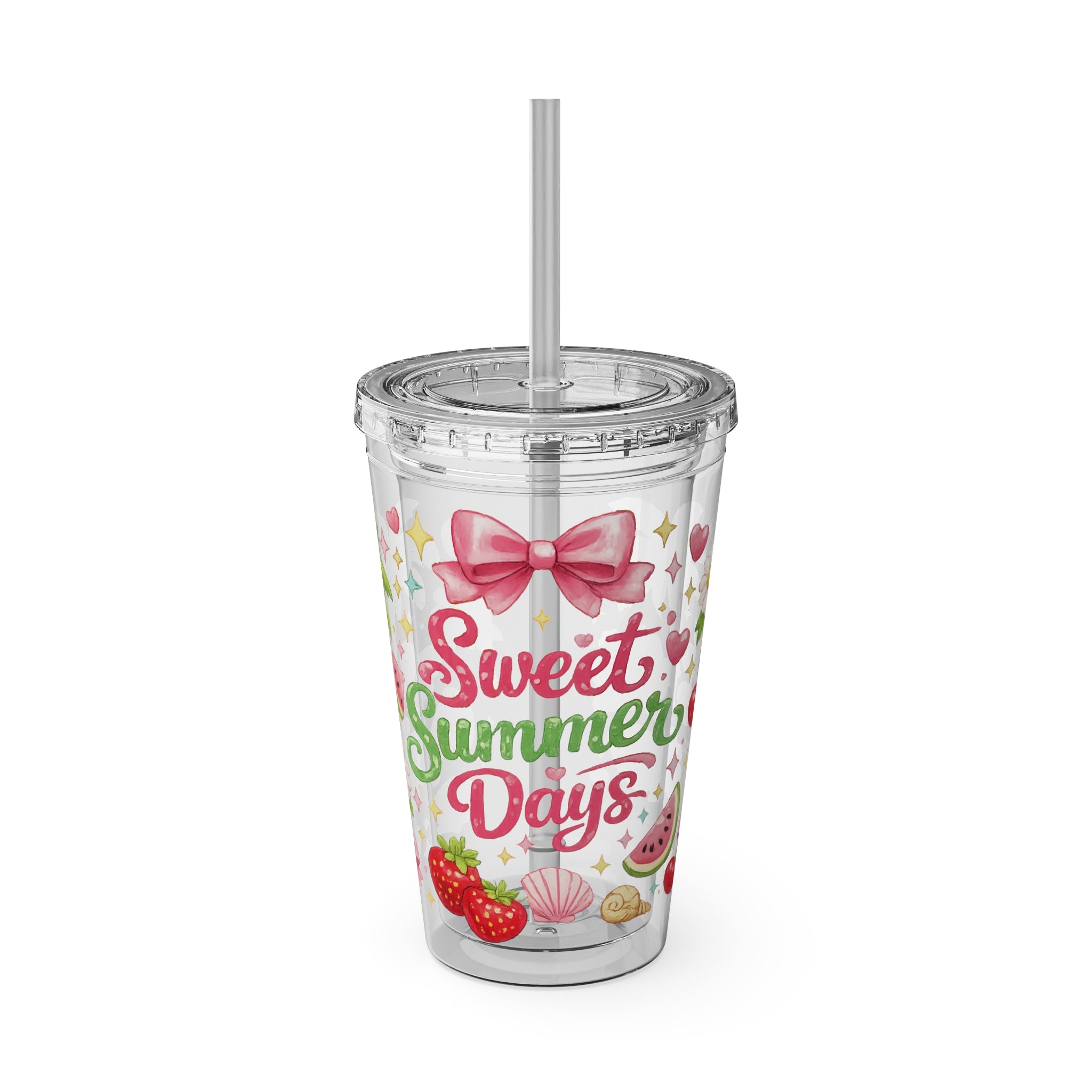 Sweet Summer Days Tumbler — 16oz Clear Straw Cup with Tropical Fruits & Bow Design