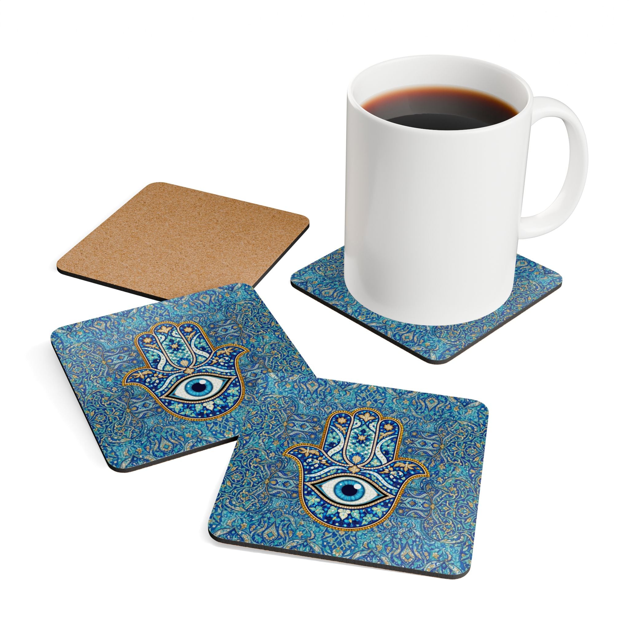 Hamsa Eye Cork Coaster Set – Blue Moroccan Tile Drink Coasters (4-Pack)