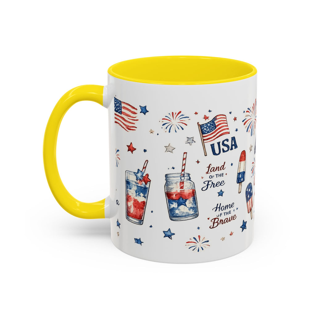 4th of July Accent Coffee Mug — Patriotic Fireworks & God Bless America Design (11oz)