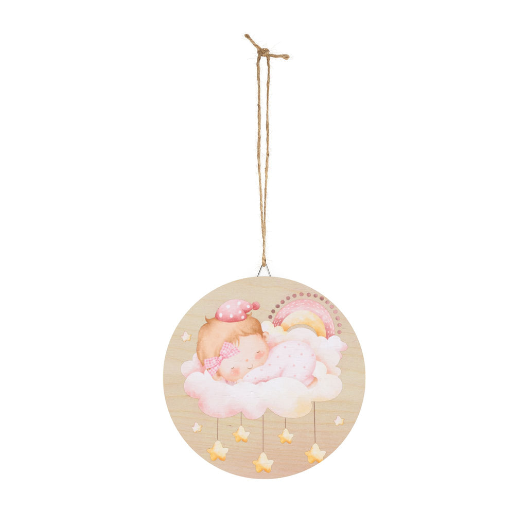 Round Baby Girl Nursery Wood Sign — Sleeping Baby on Cloud with Stars & Rainbow