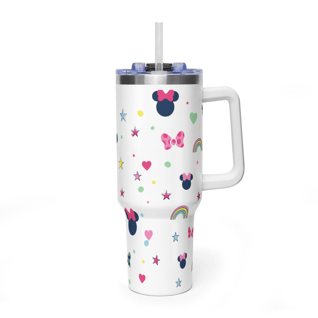 40oz Cute Minnie Pattern Vacuum Tumbler – Insulated Travel Mug with Straw & Handle