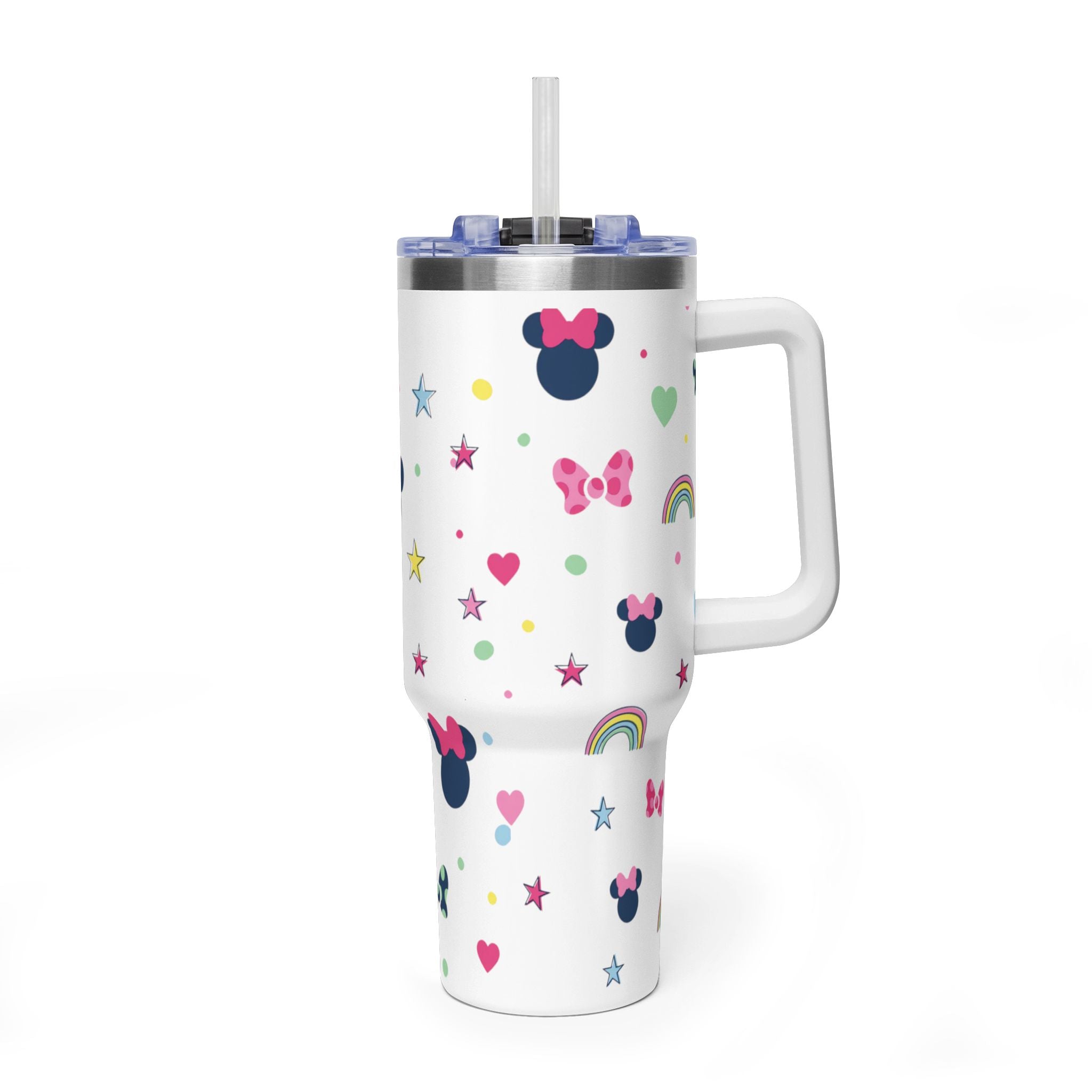 40oz Cute Minnie Pattern Vacuum Tumbler – Insulated Travel Mug with Straw & Handle