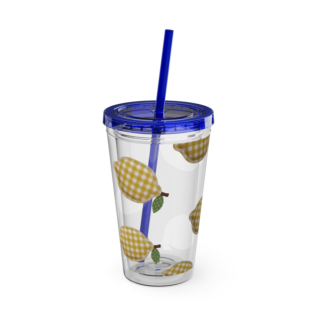 Gingham Pear Sunsplash Tumbler, 16oz Clear Travel Cup with Straw