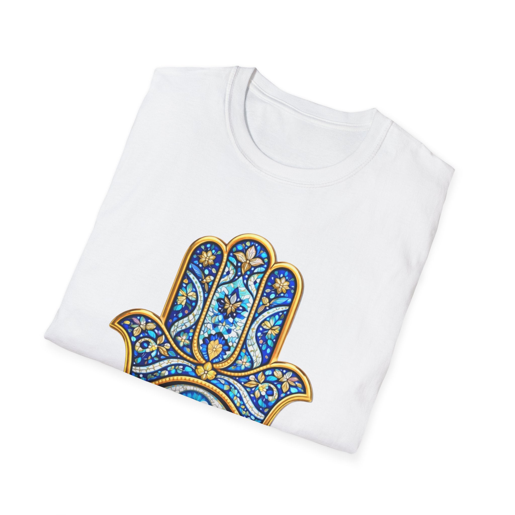 Hamsa Hand T-Shirt with Evil Eye – Blue Mosaic Protection Tee