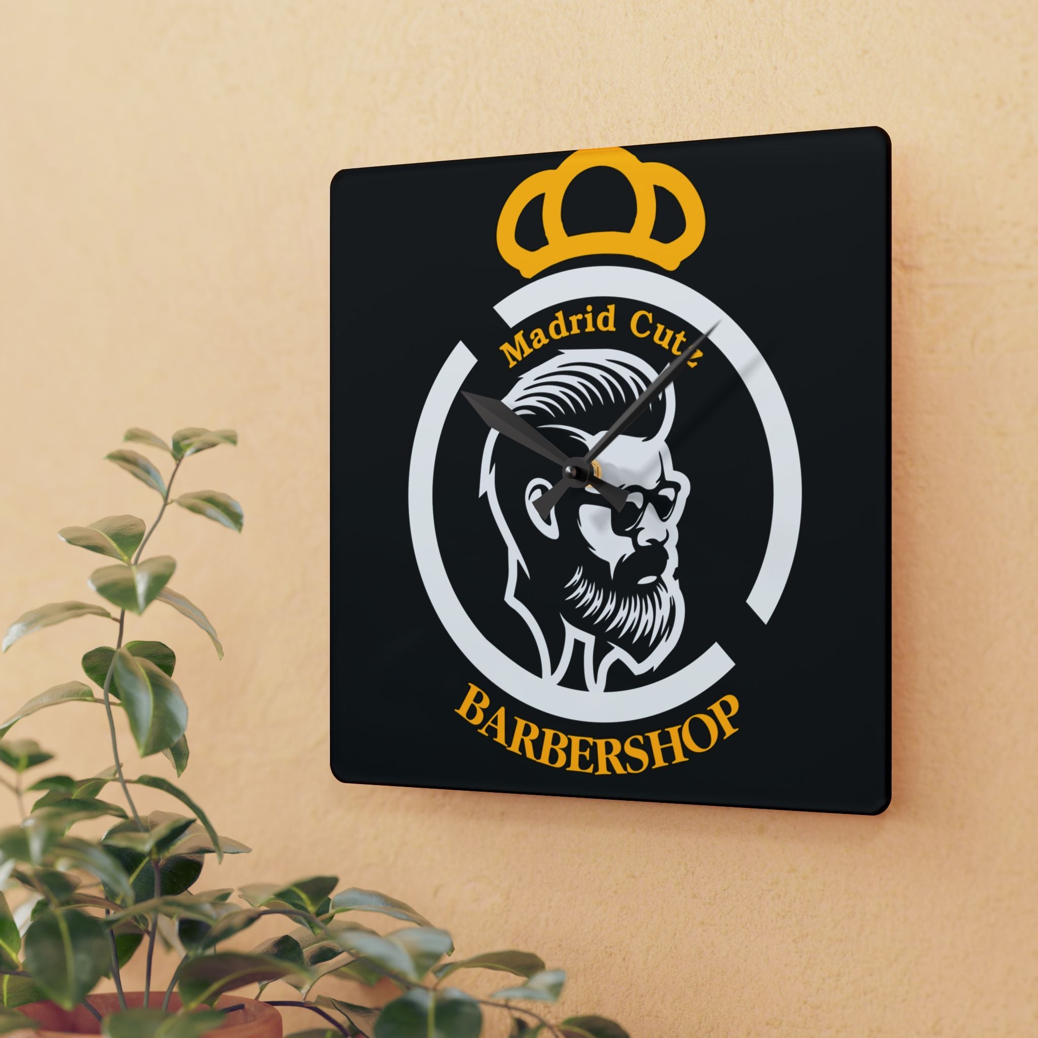Barbershop Acrylic Wall Clock — Madrid Cuts Logo Decor