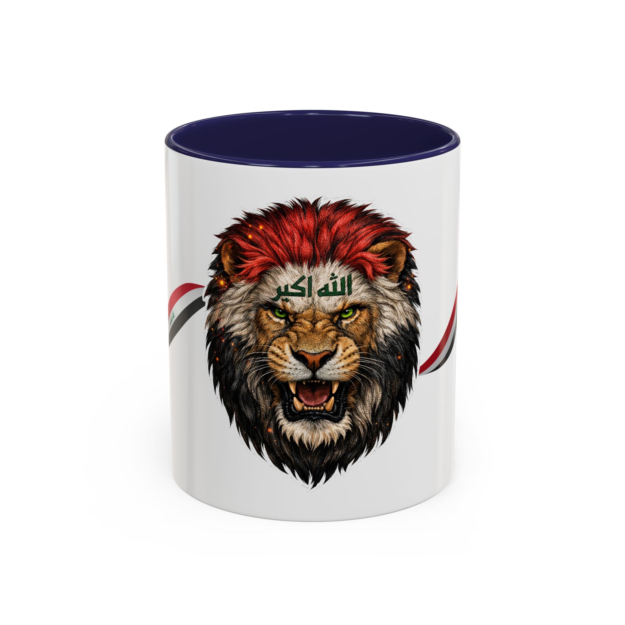 Iraq Lion Head Accent Coffee Mug with Arabic Script and Flag Ribbon – Patriotic Iraq Gift (11/15oz)