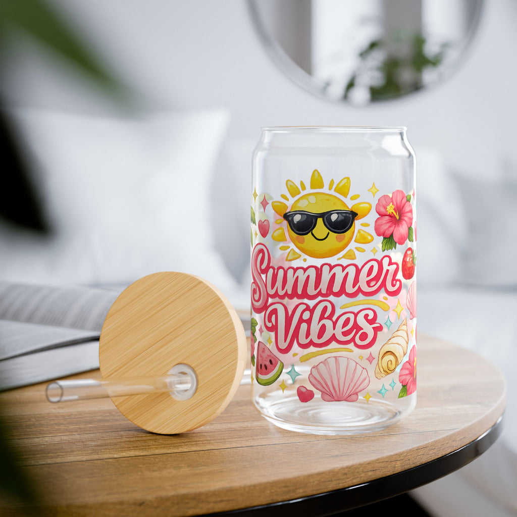 Summer Vibes Glass Tumbler with Bamboo Lid & Glass Straw | Cute Tropical Iced Coffee Cup | Beach Lover Gift