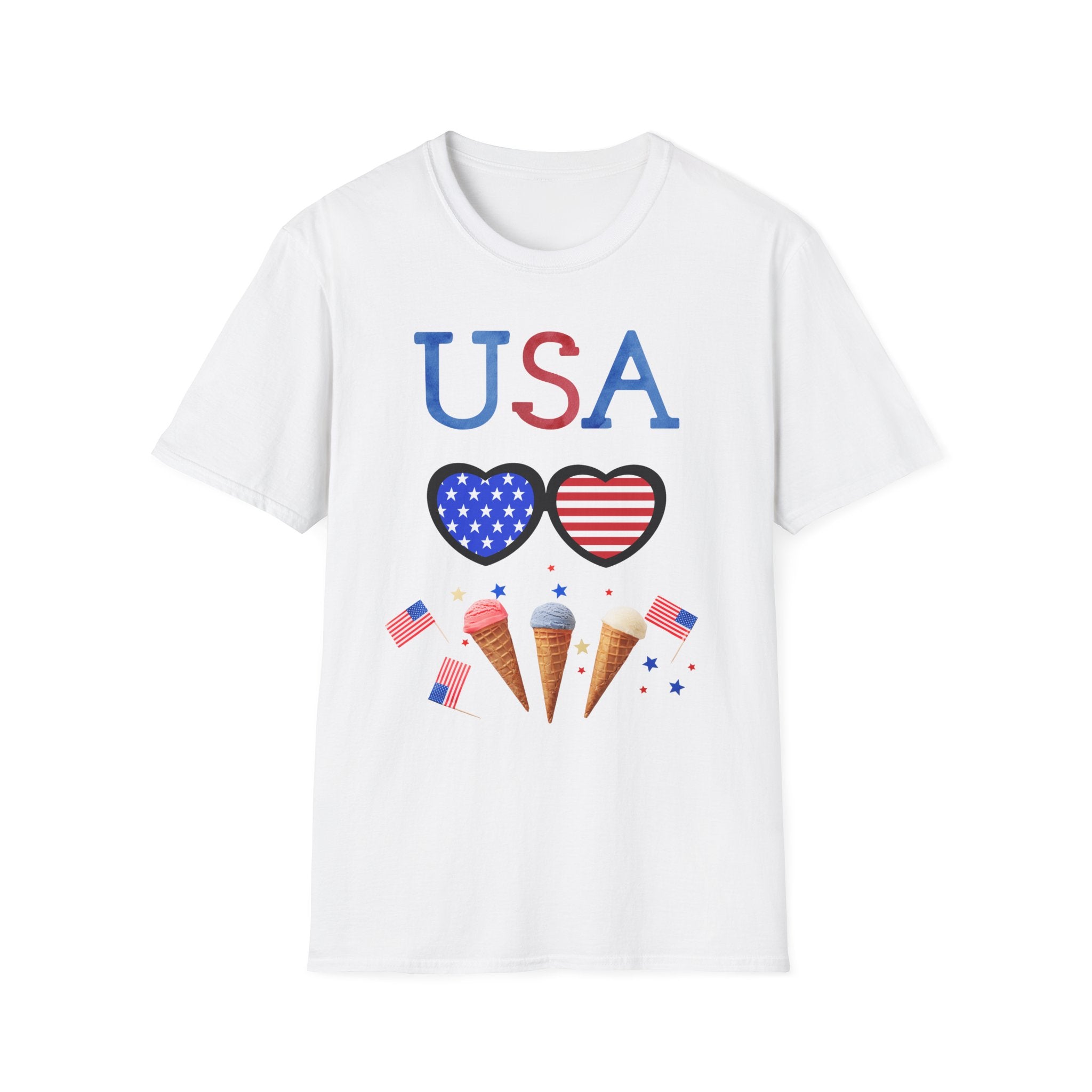 USA Heart Sunglasses & Patriotic Ice Cream T-Shirt — 4th of July Independence Day Tee