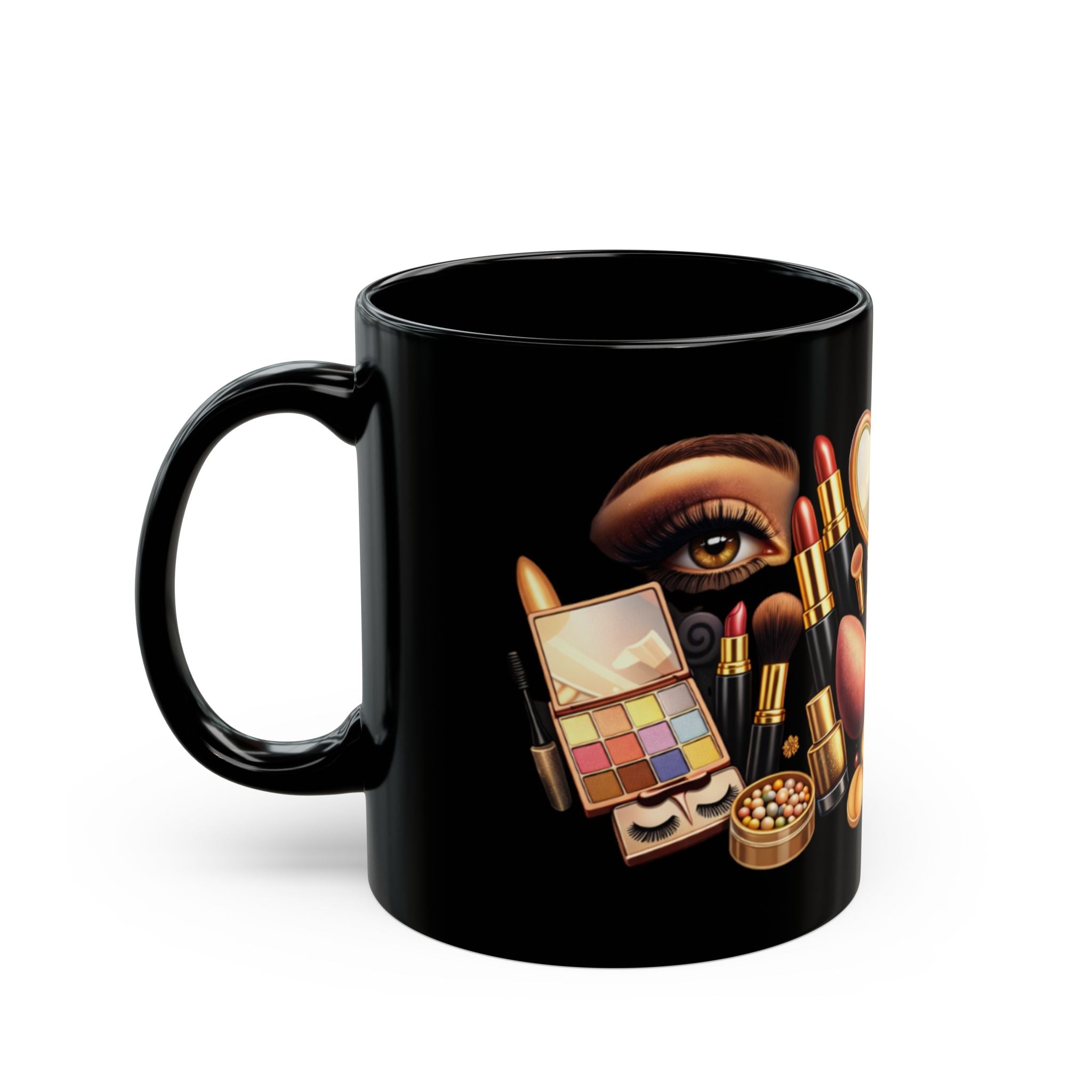 Makeup Lover Black Ceramic Mug — Cosmetic Brush & Lipstick Coffee Cup (11oz/15oz)