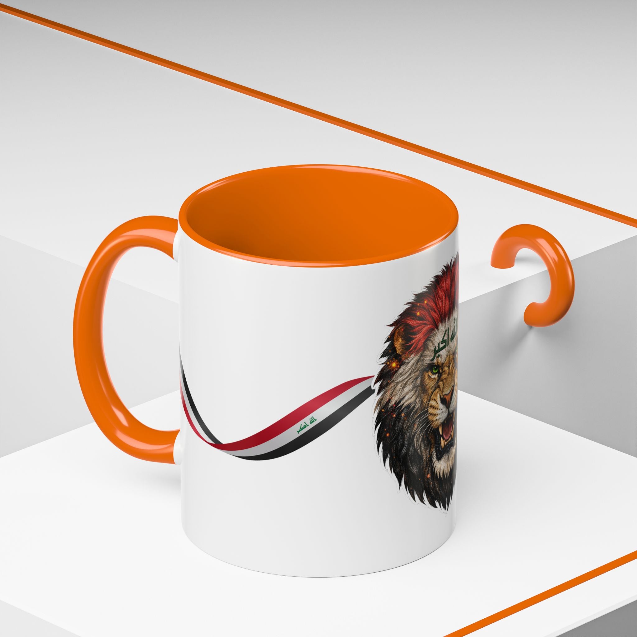 Iraq Lion Head Accent Coffee Mug with Arabic Script and Flag Ribbon – Patriotic Iraq Gift (11/15oz)