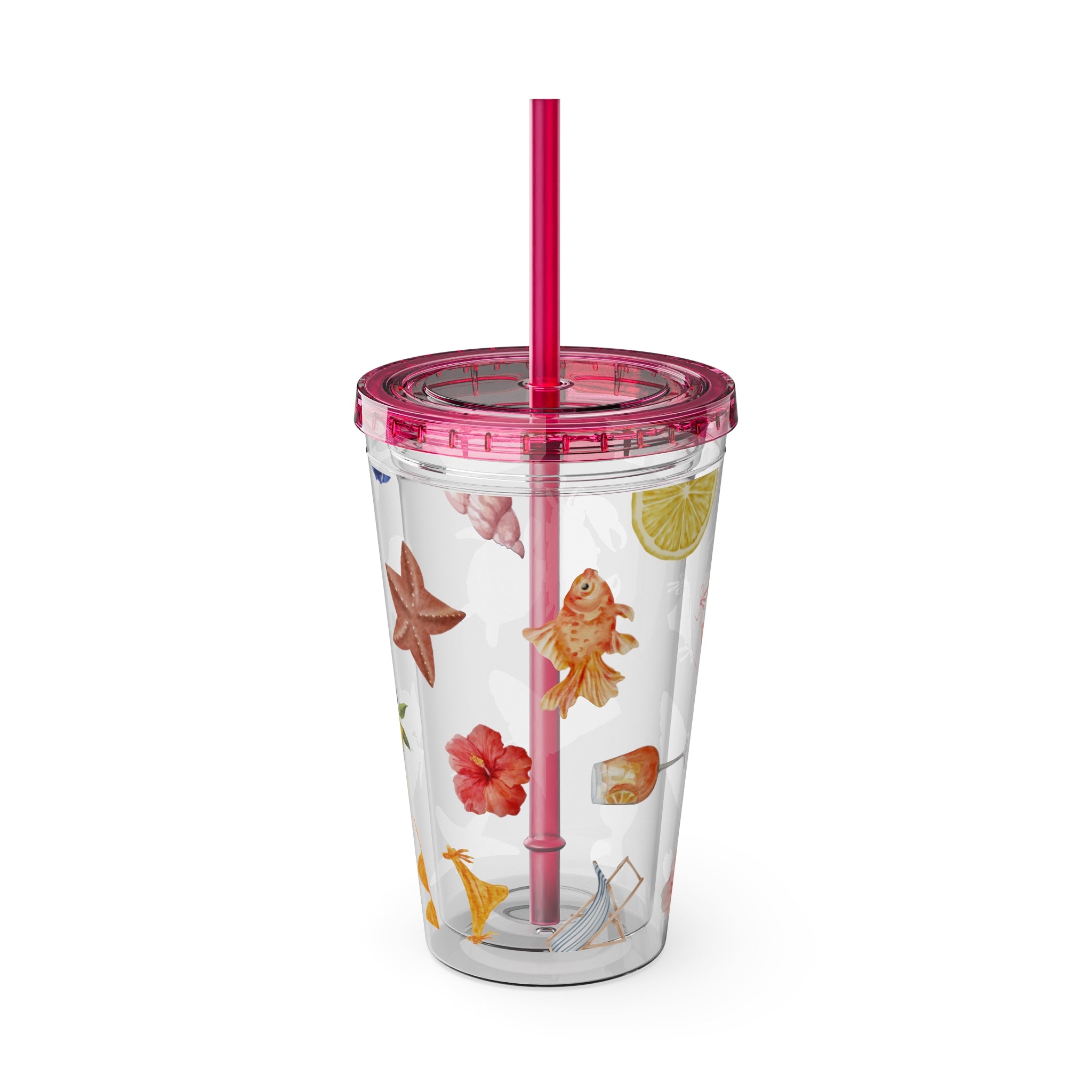 16oz Sunsplash Tumbler with Straw — Beach Shell & Tropical Watercolor Pattern