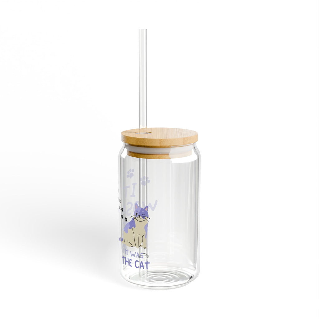16oz Glass Sipper with Bamboo Lid — Funny Cat Paw Design: "It Wasn’t Me"