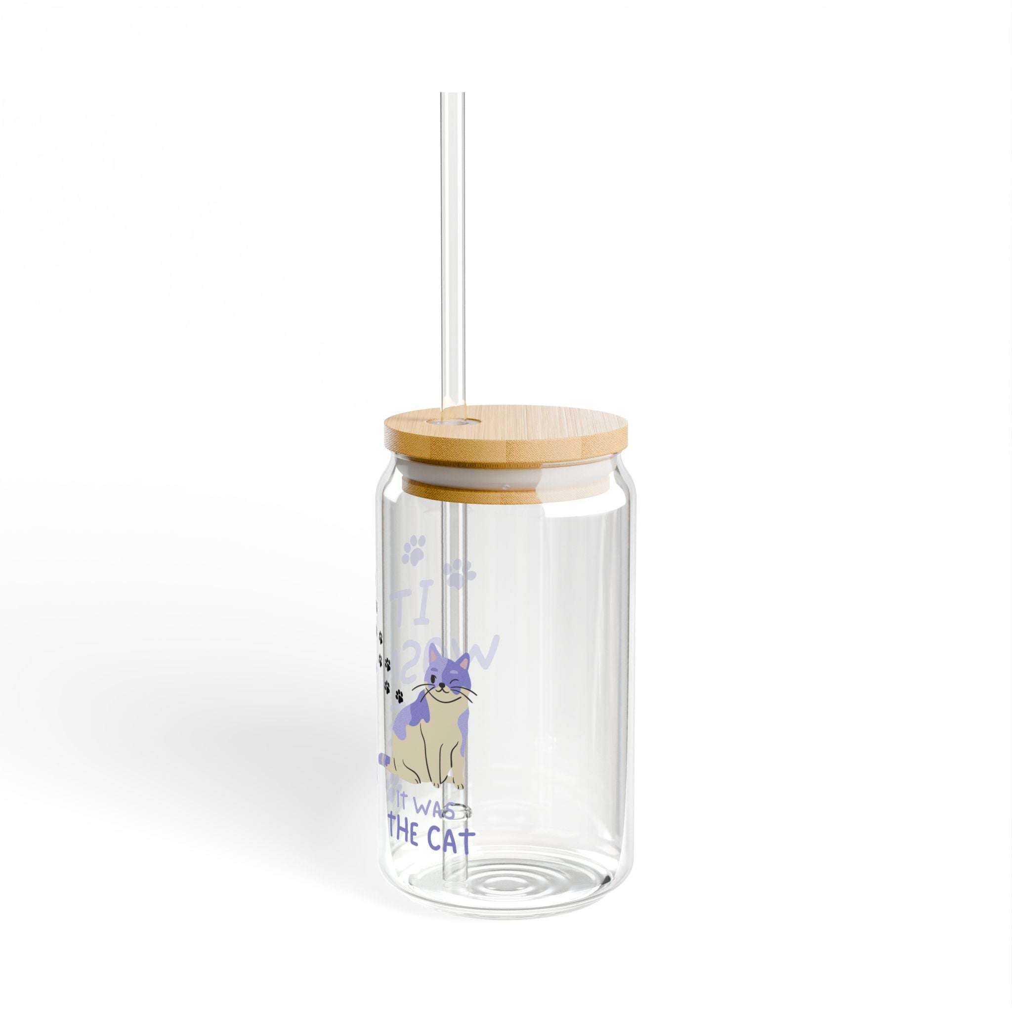 16oz Glass Sipper with Bamboo Lid — Funny Cat Paw Design: "It Wasn’t Me"
