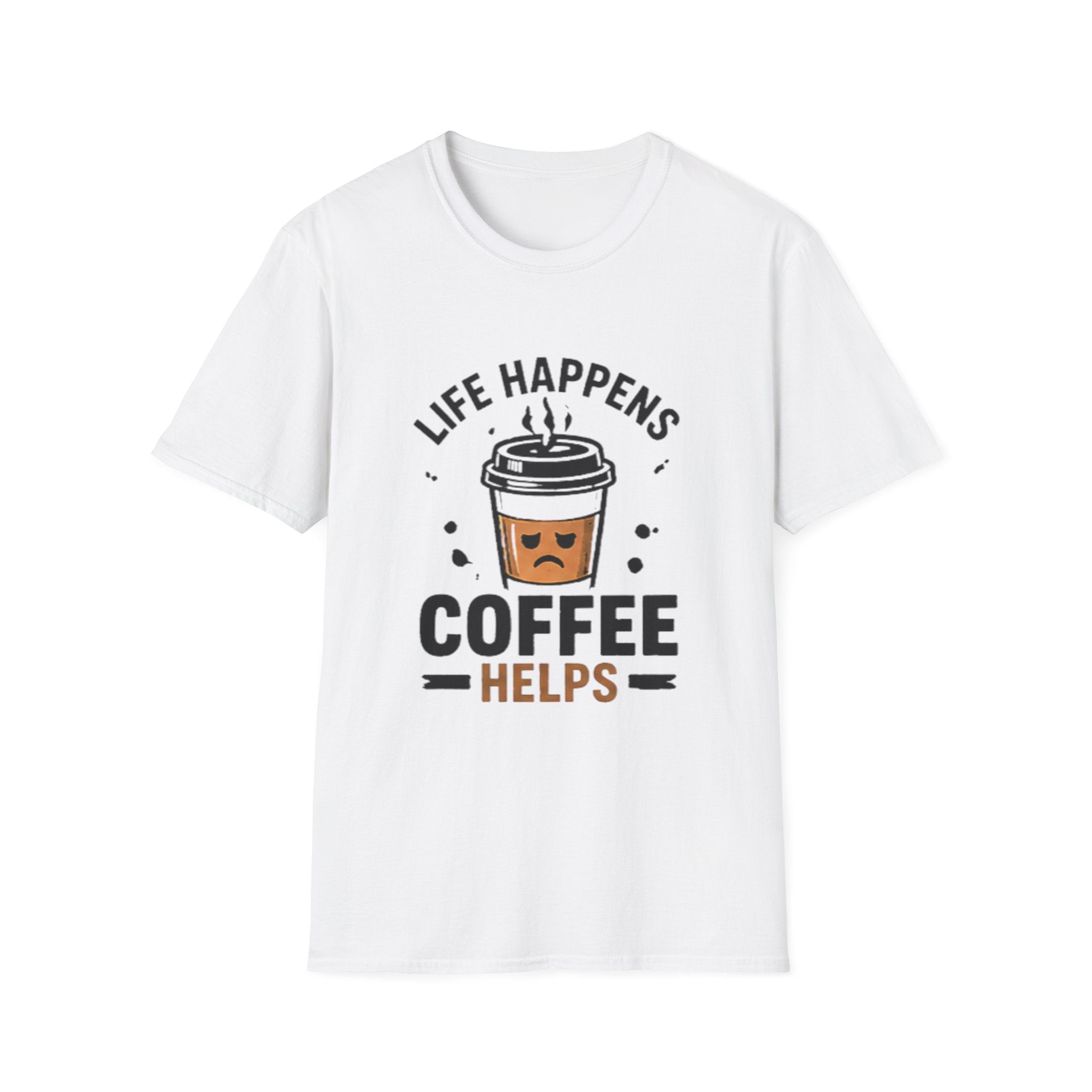 Coffee Helps unisex T-Shirt — "Life Happens" Cute Coffee Cup Graphic Tee