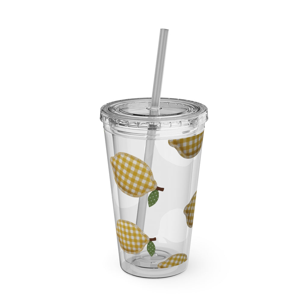 Gingham Pear Sunsplash Tumbler, 16oz Clear Travel Cup with Straw