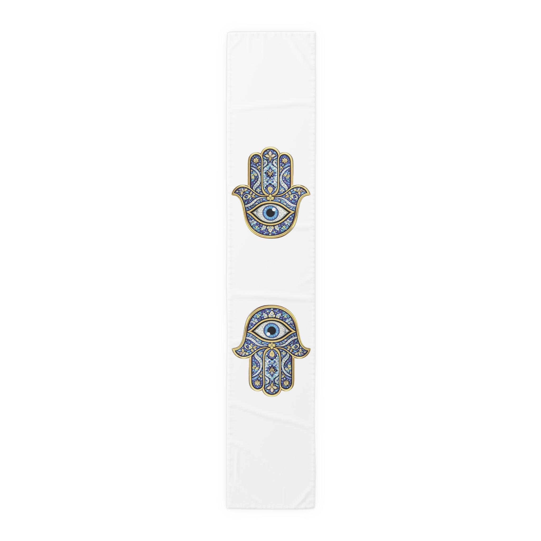 Hamsa Eye Table Runner — Blue Protective Hand Print Cotton-Poly Dining Decor